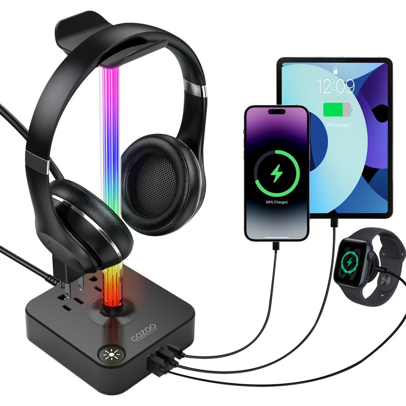 cozoo RGB Headphone Stand with USB Charger COZOO Desktop Gaming Headset Holder Hanger with 3 USB Charger and 2 Outlets - Great for Gaming, DJ, Wireless Earphone Display,Gamer PC Accessories Boyfriend Gifts - Image 1